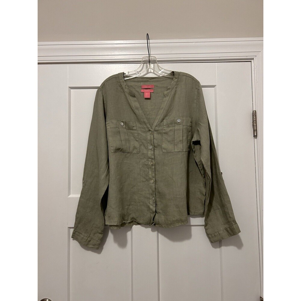 Isaac Mizrahi Women’s Large Linen Button Down Long Sleeve Casual Shirt Green
